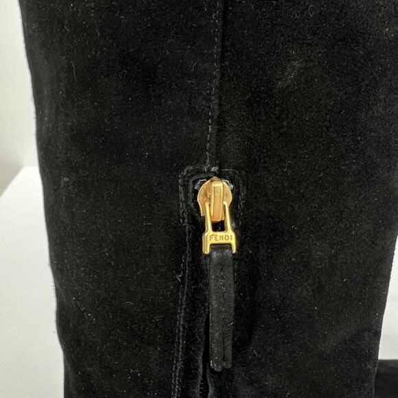FENDI Boots Womens 38.5 Black Suede Knee High Tall Block Heeled Shoes Gold - Picture 10 of 13
